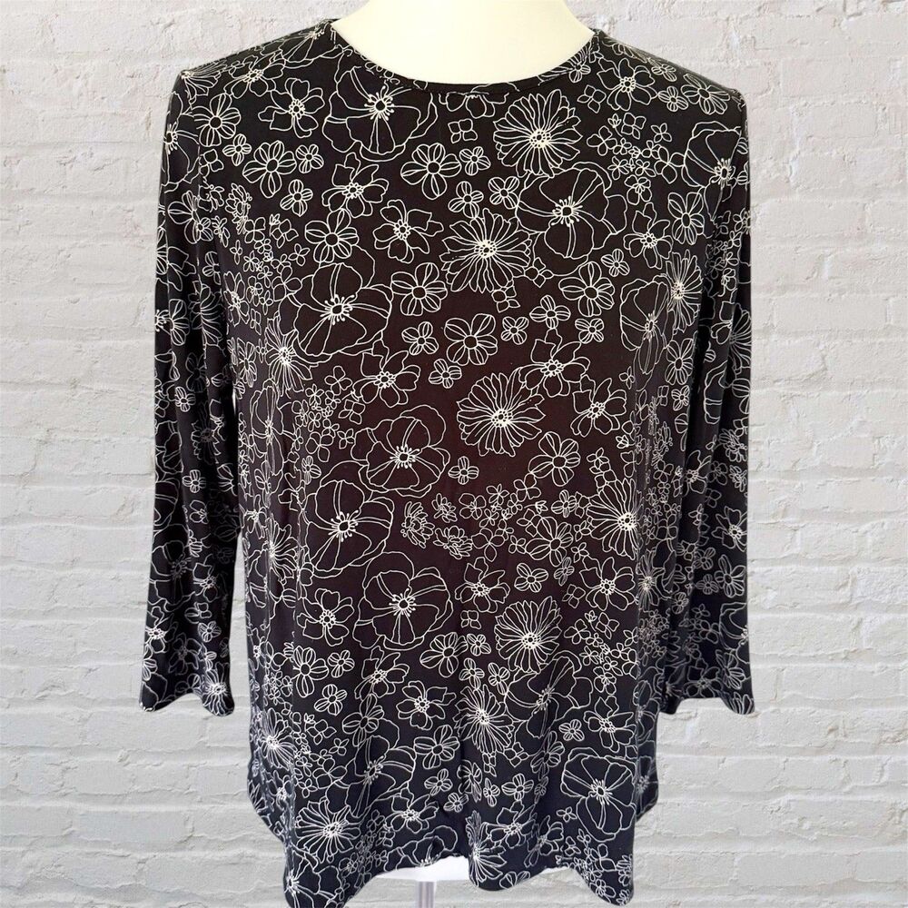 J Jill Wearever Collection M Rayon Black Floral Tunic Top Stretch 3/4 Sleeve
